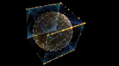 Veri poitlerindeki soyut dijital 3D küre algoritma kutusunda döner. Karanlık arka planda kuantum hesaplama kavramı. Kutuların önündeki zincir. Yapay zeka tasarımı.