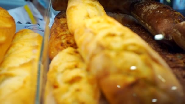 Freshly baked bread of various varieties is on the showcase. Close-up. — Stock Video