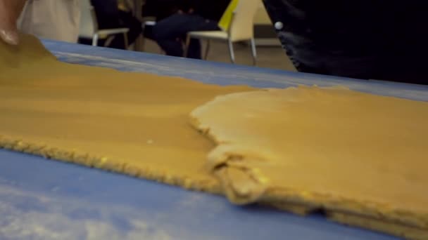 Production alimentaire. Un homme qui travaille avec un gros morceau de pâte roulée. Gros plan — Video