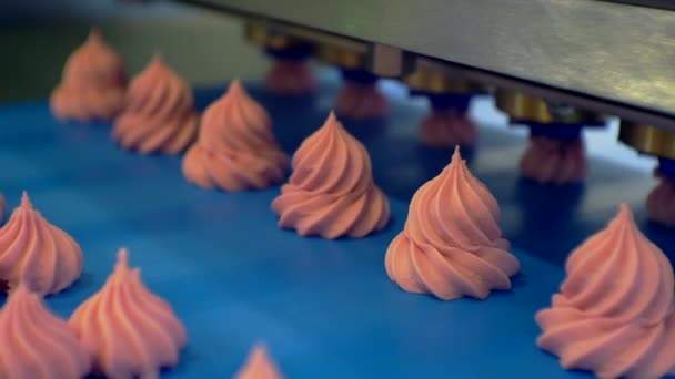 Modern gıda üretimi. Kalın kremadan pasta yapan özel bir makine. Bitmiş pastalar konveyör bandı boyunca yavaşça hareket ediyor. Teknolojik bir süreci yakından çekiyoruz. Yüzeyin derinliği. — Stok video