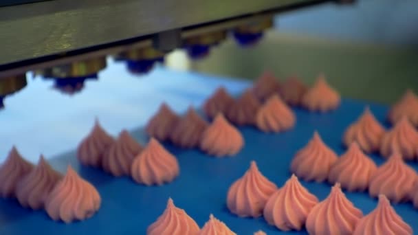 Produkcja wyrobów cukierniczych. poruszające się tło. Specjalna maszyna robi ciasta z grubej śmietany. gotowe ciastka kremowe poruszają się wzdłuż przenośnika taśmowego. zbliżenie. płytka głębia ostrości — Wideo stockowe