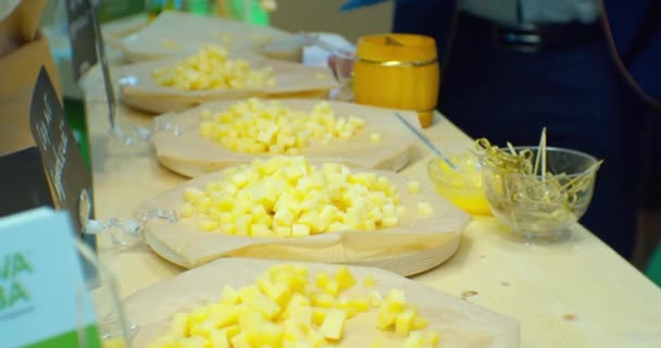 Voedselpresentatie. Kaas van verschillende rassen ligt in borden op de toonbank — Stockvideo