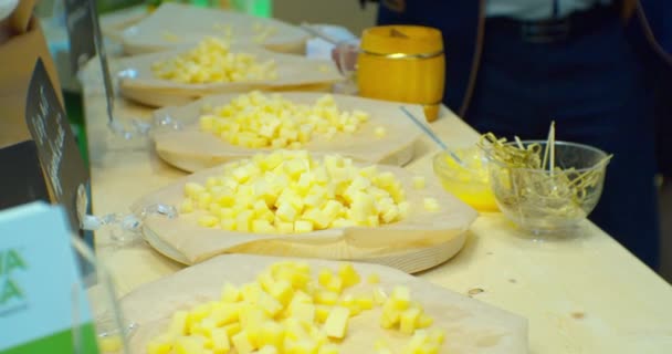 Presentación de comida. Queso de diferentes variedades se encuentra en platos en el mostrador — Vídeo de stock