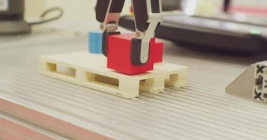 Modern endüstriyel ekipman. Manipülatörün robotik kolu tam ve düzgün bir şekilde parçayı küçük palete yerleştirir.