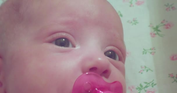 Portrait of a cute little baby with a pink pacifier in his mouth. newborn baby. close-up — Stock Video