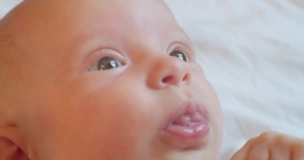 Portrait of a modern child. Cute infant lying in bed.closeup portrait — Stock Video