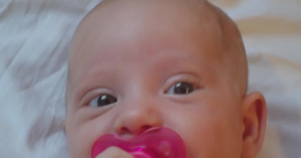 Portrait of a cute baby with a pink pacifier in his mouth.