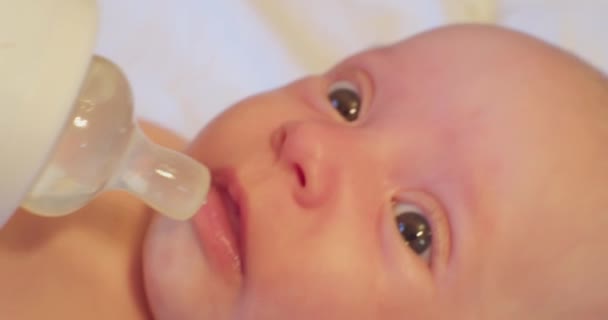 작고 귀여운 아기가 젖꼭지를 통해 물을 마신다. 극단적 인 근접 사진 — 비디오