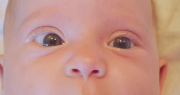 Sguardo sorpreso ridicolmente carino piccolo baby.baby faccia da vicino — Video Stock