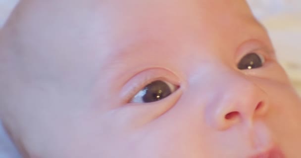 Sorprendida mirada ridículamente lindo pequeño baby.baby cara de cerca — Vídeos de Stock