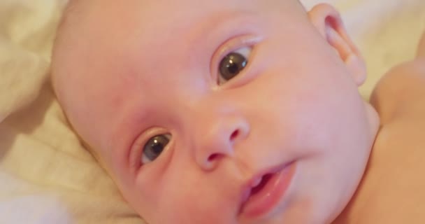 Portrait d'un petit enfant drôle mignon qui se trouve dans son lit et lève les yeux avec surprise. gros plan — Video