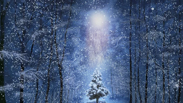 Ay ışığında kar altında bir Noel ağacı olan bir kış ormanının muhteşem bir örneği.