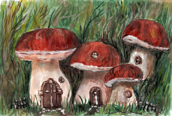 Ilustração Fabulosos Cogumelos Cabanas — Fotografia de Stock