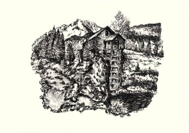 İllüstrasyon - dağlarda ahşap ev