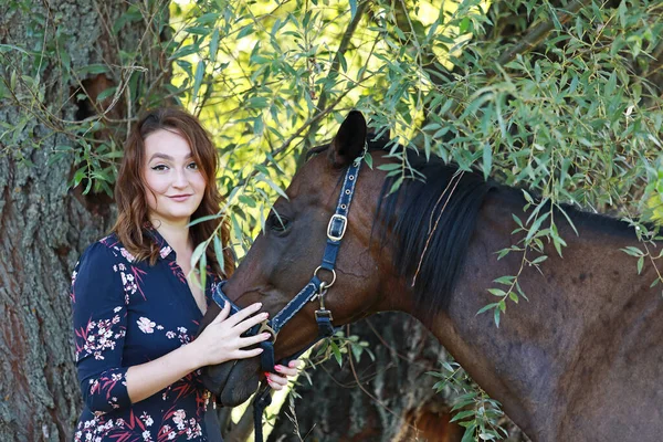 Mooie Vrouw Met Paarden Het Veld — Stockfoto