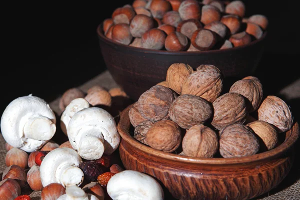 Натюрморт с орехами, ягодами и грибами — стоковое фото