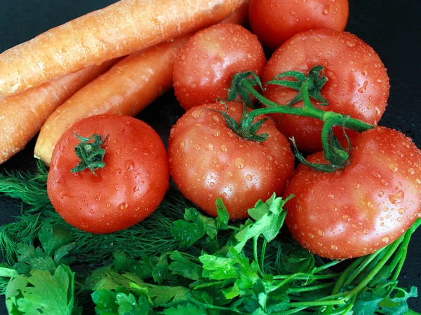 Tomatoes and carrots with greens — Stock Photo, Image