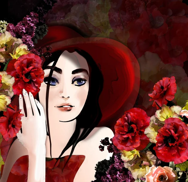 美丽的黑妞花卉背景上的肖像 — 图库照片