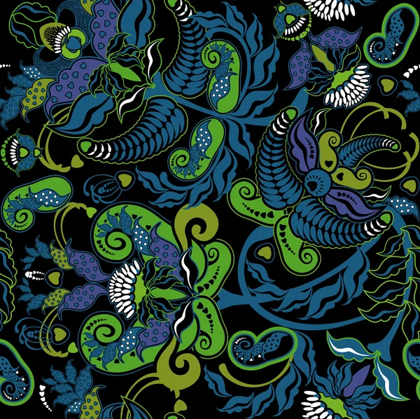 Patrón verde floral estilizado, tela sobre fondo negro — Vector de stock