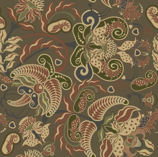 定型化された花緑パターン、ベージュ色の背景上のファブリック — ストックベクタ