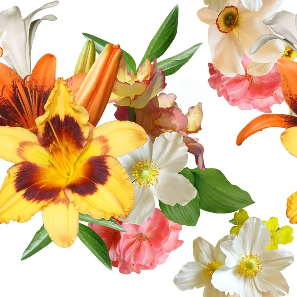Csokor, tavaszi virágok, varrat nélküli fehér alapon — Stock Fotó