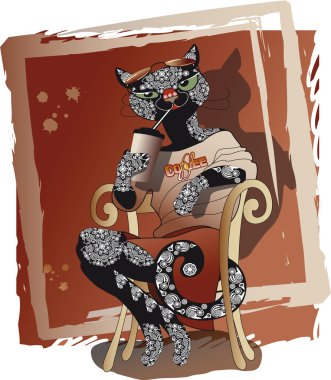 elegant happy cat drinking coffee sitting on a chair clipart