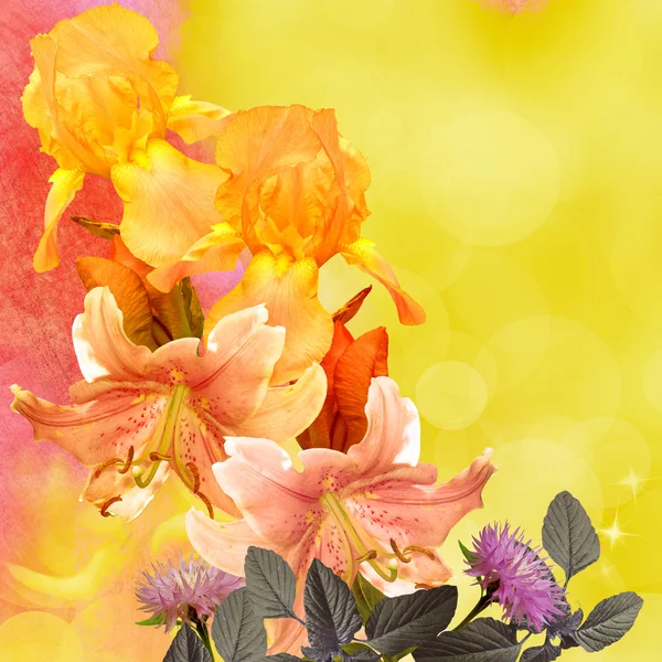 Bouquet íris e lírio no fundo amarelo gasto — Fotografia de Stock