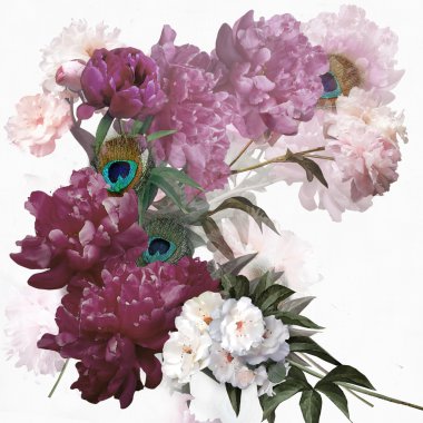 buket peonies üzerine beyaz tavus kuşu tüyleri suluboya ile