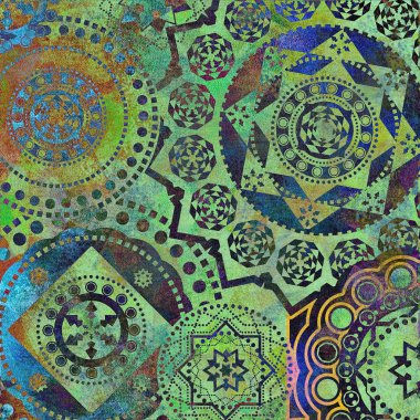 Benekli zemin üzerine yeşil geometrik desen