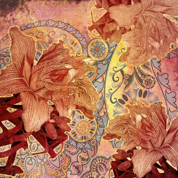 Eski püskü çiçek tasarım pembe lily — Stok fotoğraf
