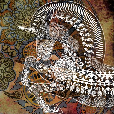 oryantal çiçek eski püskü arka plan üzerinde stilize profil tek boynuzlu at