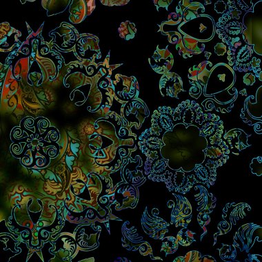 soyut çiçek rengarenk desenli siyah arka plan üzerine