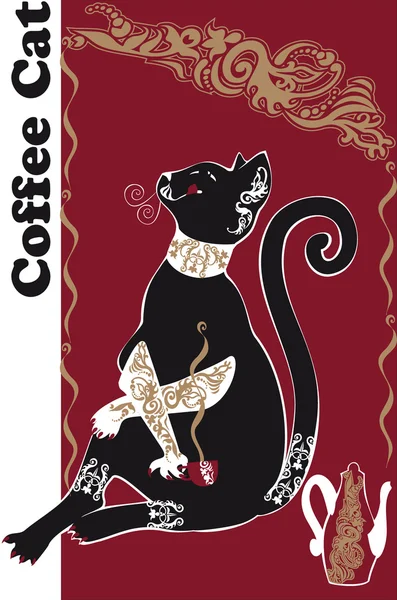 Glamor black cat drinking coffee n red background — Stock Vector