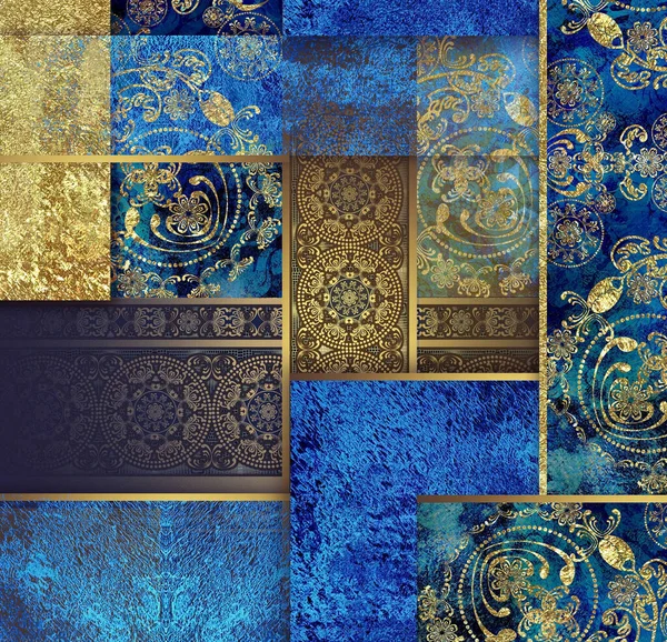古色古香的花卉设计背景蓝色和金色 — 图库照片#
