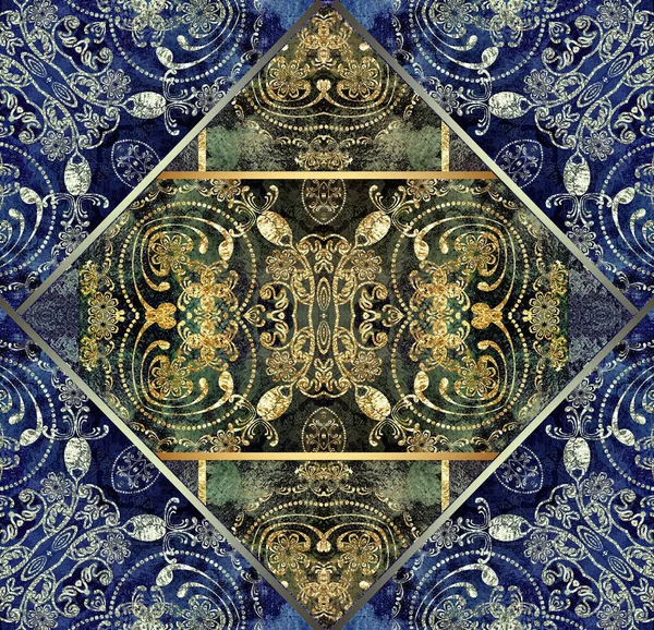 Design Floral Vintage Dourado Fundo Relevo Azul — Fotografia de Stock