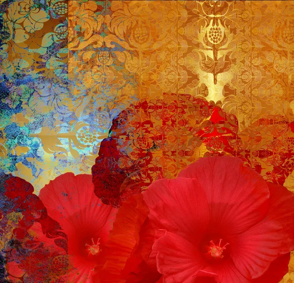 Diseño Floral Vintage Sobre Fondo Dorado Estampado Hibisco Rojo —  Fotos de Stock