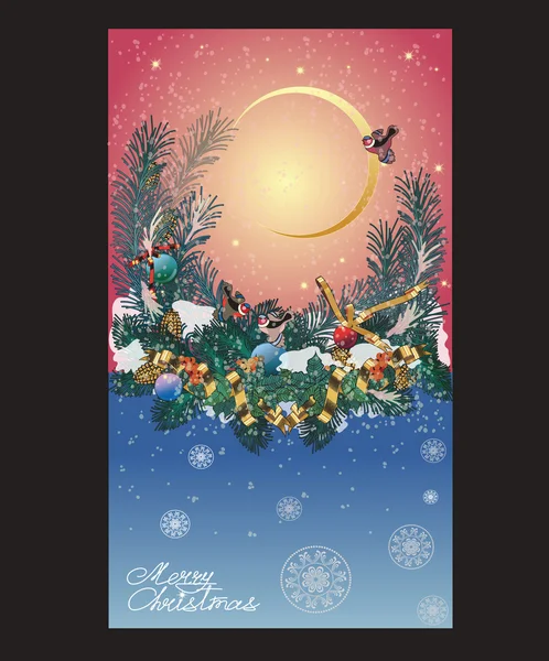 Christmas card with snowflakes in the sky, pine branches and Chr — Stock Vector