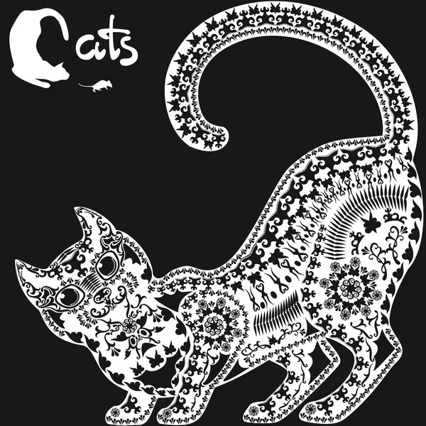 Dekoratif grafik görüntü, siyah arka plan üzerine bir kedi — Stok Vektör