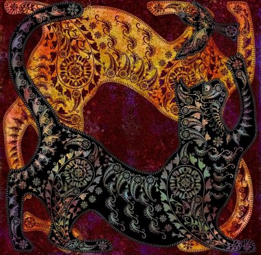 Dekorasyon rengarenk desen stilize tropikal, kedi siluet