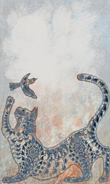 Dekorasyon pastel renk desen stilize tropikal, kedi silhouett