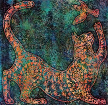 Dekorasyon rengarenk desen stilize tropikal, kedi siluet