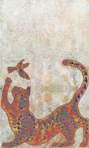 Decoratie pastelcolor patroon gestileerde tropische, kat silhouet — Stockfoto