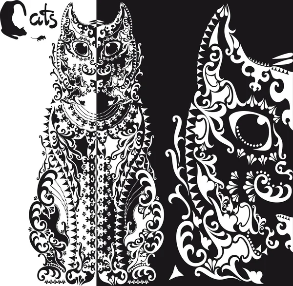 程式化的黑色和白色图案的猫 — 图库矢量图片