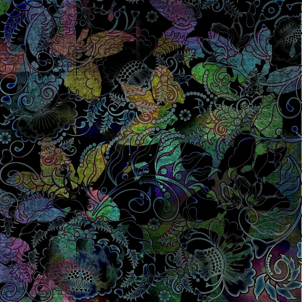 Patrón oscuro abstracto, siluetas flores estilizadas — Foto de Stock