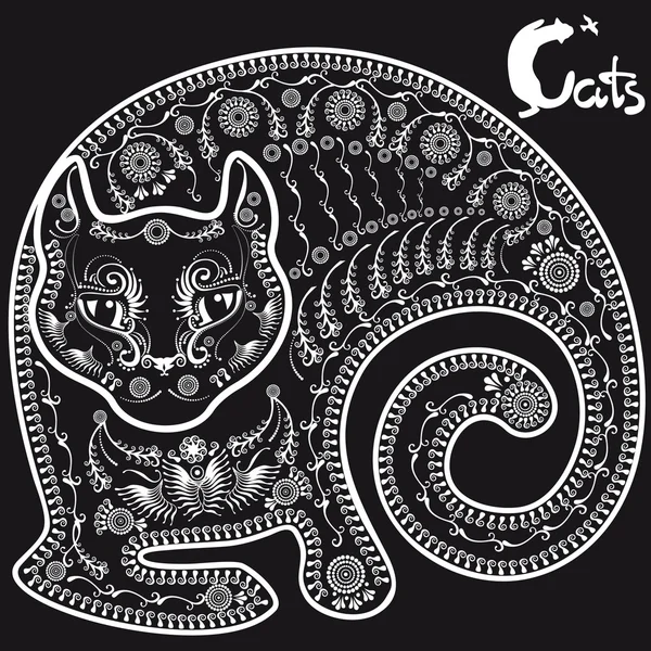 Stilisierte Zeichnung liegende Katze auf schwarzem Hintergrund — Stockvektor