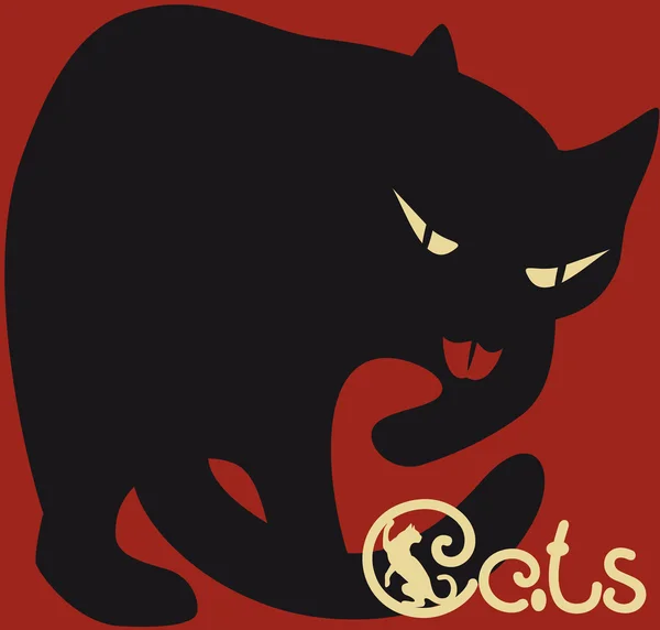 Zwarte kat op donkere rode achtergrond — Stockvector