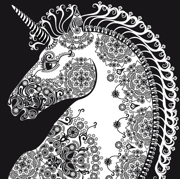Stiliserade profil unicorn huvud, bleack och vit — Stock vektor