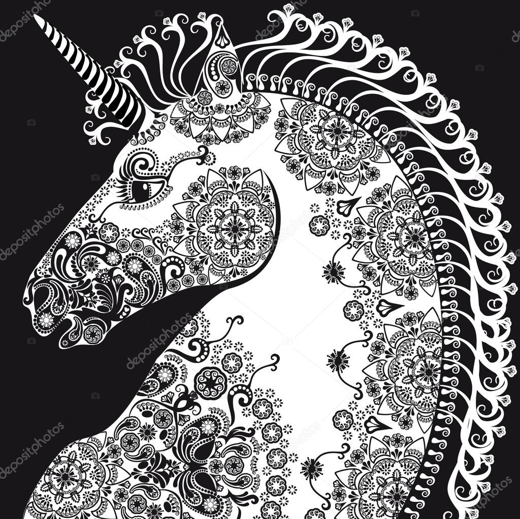 stylized  profile unicorn head, bleack and white