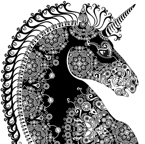 Stylized  profile unicorn head, bleack and white — Stock Vector