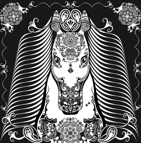 Stiliserade mönstrade huvudet häst svart och vitt — Stock vektor